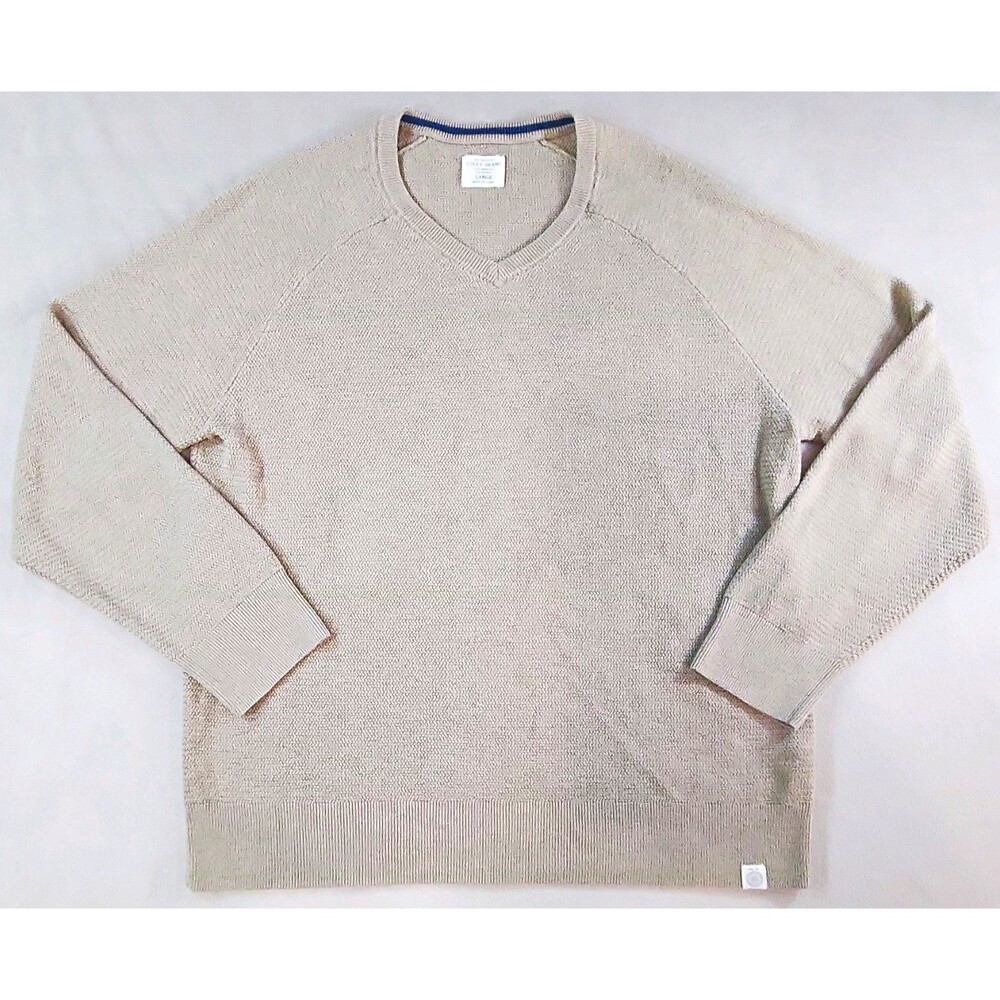 Lucky Brand Men's Beige Knit V-Neck Pullover Sweater L Logo 7MD5132